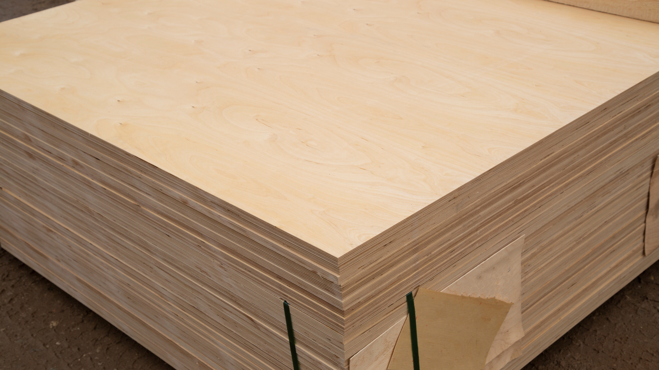 Stack of plywood sheets in a lumber yard